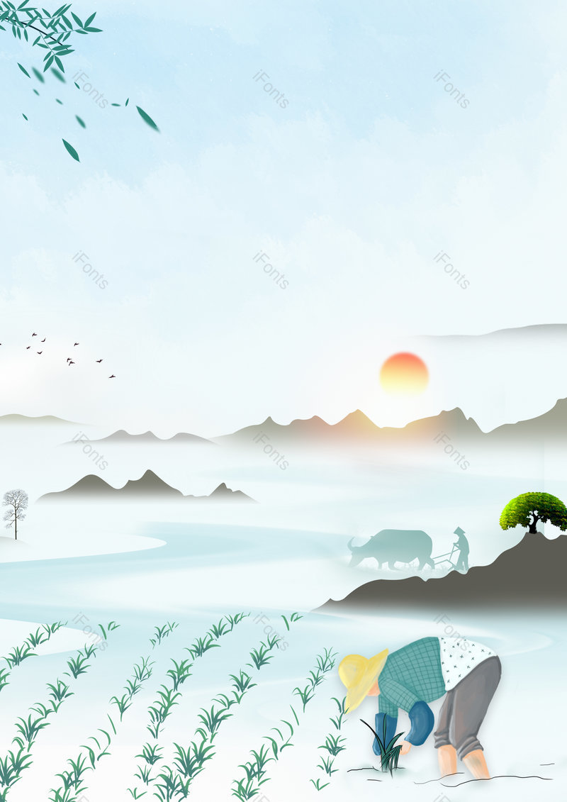 中国风二十四节气芒种插秧耕田创意背景,插画/手绘图,插画/手绘图库,插画/手绘图下载,插画/手绘